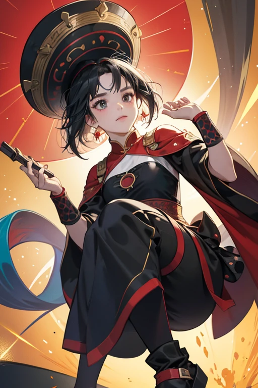 Piáo Chóng wore a long tied red bandana with eyes holes and black spots over her upper face, a black-spotted and red tunic with short, dark gray-edged sleeves, and black-spotted and red trousers that ended a little below her knees. Additionally, she wore dark gray wristbands and shoes.
As shown in her aquatic upgrade, she had her hair inside her circular hat with a ladybug pattern. She wore her usual superhero suit, but gained black flippers attached on her feet. SPARKLE; GLITTER