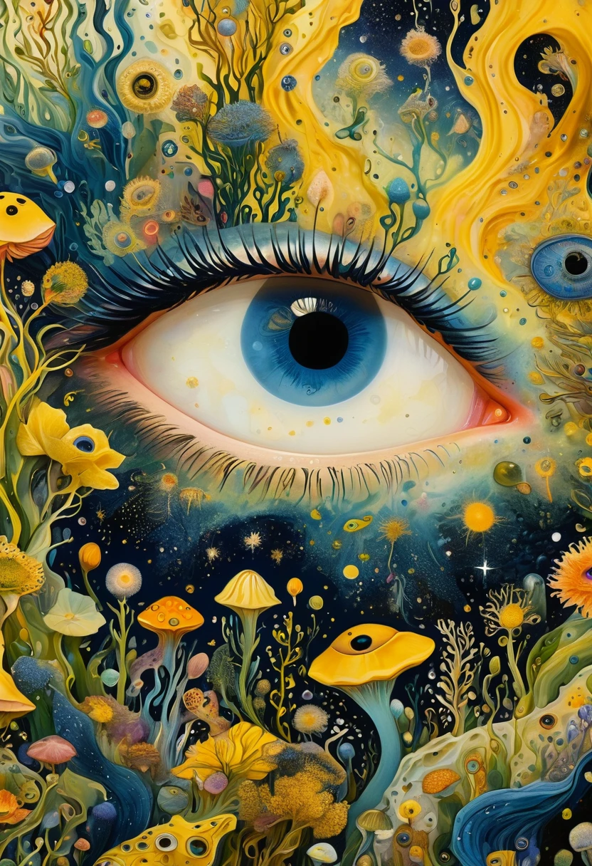 intricate abstract art, blend of floral buds, microorganisms, plants, marine life, eyes, starry sky, self-portrait of autistic person's inner world, strong sense of space, negative space, whimsical, surreal, yellow tones, highly detailed, masterpiece, (best quality, 4k, 8k, highres, masterpiece:1.2), ultra-detailed, (realistic, photorealistic, photo-realistic:1.37), HDR, UHD, studio lighting, ultra-fine painting, sharp focus, physically-based rendering, extreme detail description, professional, vivid colors, bokeh