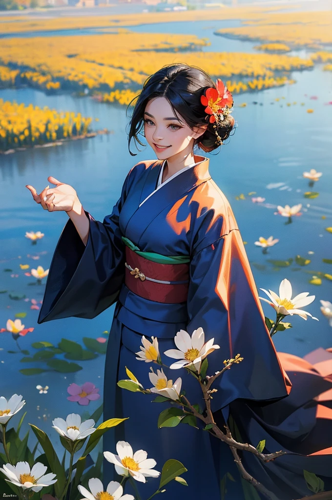 A beautiful woman with black hair and a kimono greets you with a smile, with a flower field in the background under a blue sky