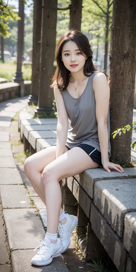 masterpiece, best quality, Surreal, Ultra Detailed, 8k resolution, RAW photos, Clear focus, (A girl in the forest), ((light gray shirt)), sleeveless, sports Shorts,, Solitary, Perfect body, Perfect body, Bangs to eyebrows、Beautiful brown hair、Beautiful and delicate eyes、Brown eyes、Raise an eyebrow、Bangs to eyebrows、Beautiful brown hair、Beautiful and delicate eyes、Brown eyes、Raise an eyebrow、High Nose、Small nostril、Little mouth、Tempting lips、Mouth slightly open、Beautiful breasts、Full body、Oval face,Phoenix Eyes,Eyebrow, Double eyelids, Long eyelashes, A faint smile, full-body shot:1.2,She has a pair of eyes as clear as water,Eyebrows are like distant mountains,Creamy skin,Lips like cherry blossoms。Her beauty is not only in appearance,It's more about her fragile yet tenacious temperament,Like a hibiscus flower swaying in the wind,It's pitiful, A faint smile, full-body shot:1.2,Playful and flirty pose,The calves are straight and thin:1.5,Wear high-end brand colored sneakers:1.5,
32 inches in the chest,(a charming smile:1), (sexy pose),26 years old, light,White shoes,