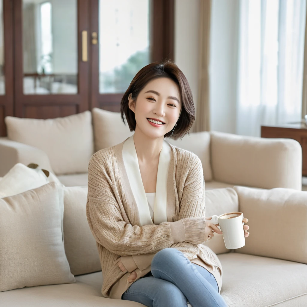 8k best picture quality, Beautiful 36-year-old Korean woman, The eyes are big, round and clear.. smile. short medium hair. Chest size 34 inches, Wearing a cardigan and beige jeans. luxury mansion living room, Sitting on the sofa, holding a ceramic coffee cup with both hands and looking at the cup, full body shot