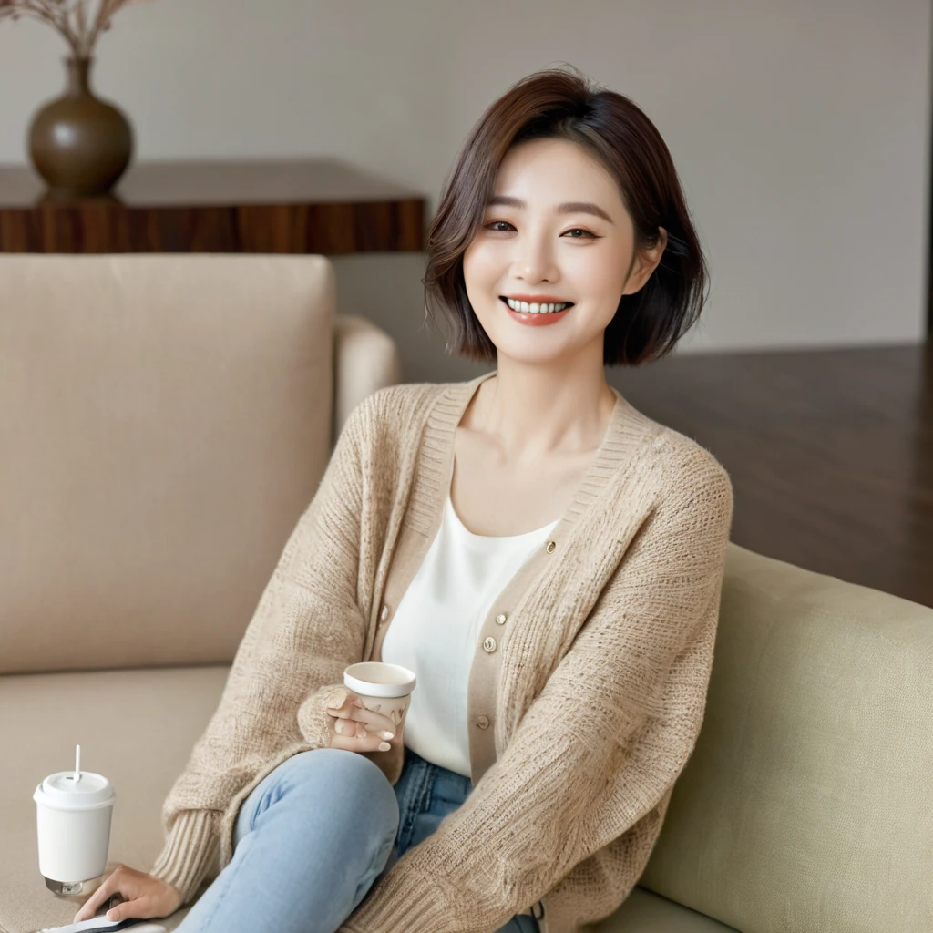 8k best picture quality, Beautiful 36-year-old Korean woman, The eyes are big, round and clear.. smile. short medium hair. Chest size 34 inches, Wearing a cardigan and beige jeans. luxury mansion living room, Sitting on the sofa, holding a ceramic coffee cup with both hands and looking at the cup, full body shot