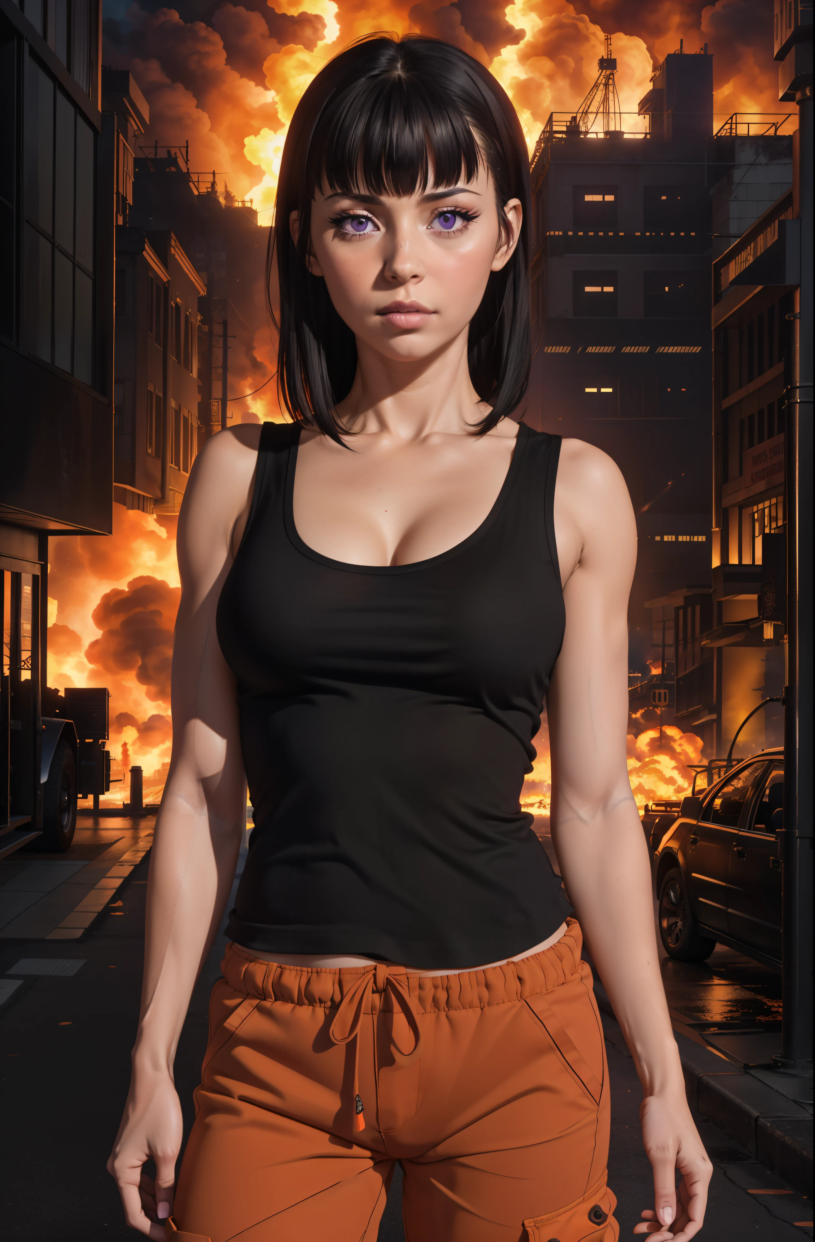 ultra realistic 8k cg, masterpiece, best quality, (photorealistic:1.4),beautiful lighting, RAW photo, film grain, ((medium breasts, fit body)), ((complex detailed background, city in flames background)), maki oze, 1girl, solo, purple eyes, short black hair, blunt bangs, looking at viewer, seductive lips, wearing black sleeveless blouse with orange baggy pants