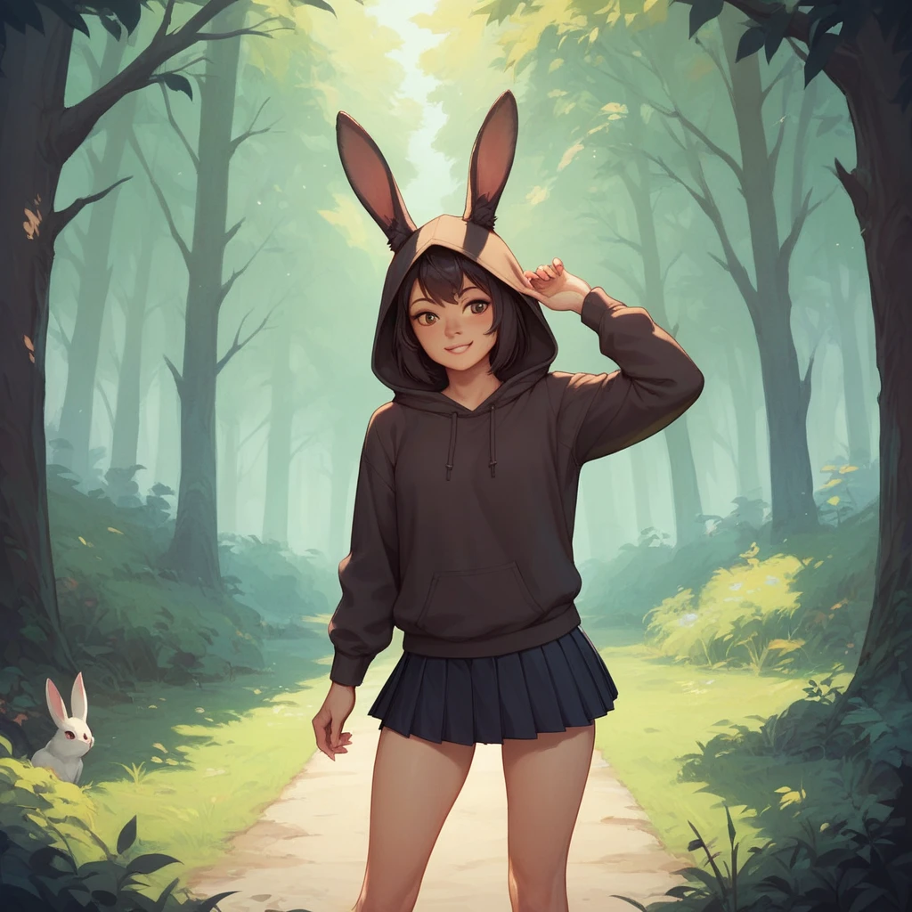 aox, Best girl, rabbit ears, hoodie, skirt, forest background
