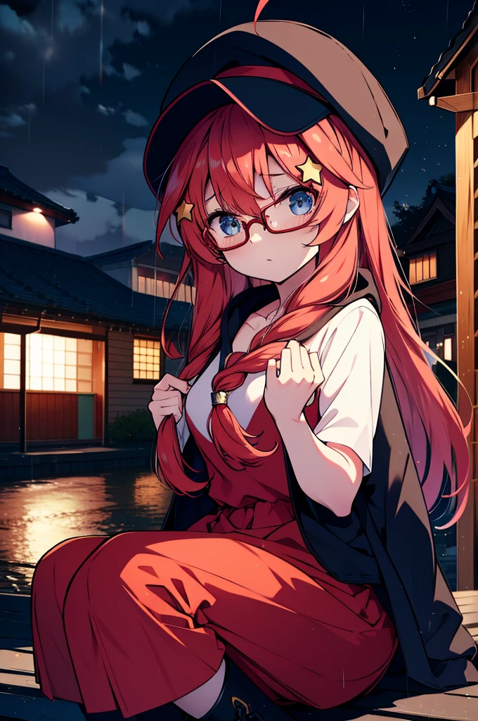 itsukinakano, itsuki nakano, bangs, blue eyes, Hair between the eyes, Ahoge, Redhead, star \(symbol\), hair ornaments, star hair ornaments,Long braids,Baseball hats,Red-rimmed glasses,Oversized red hoodie and long skirt,Black pantyhose,short boots,Hiding in a roofed building,Sitting on the steps of a roofed building,rain,night,whole bodyがイラストに入るように,
break outdoors, Alley,
break looking at viewer, whole body,
break (masterpiece:1.2), Highest quality, High resolution, unity 8k wallpaper, (figure:0.8), (Beautiful attention to detail:1.6), Highly detailed face, Perfect lighting, Highly detailed CG, (Perfect hands, Perfect Anatomy),