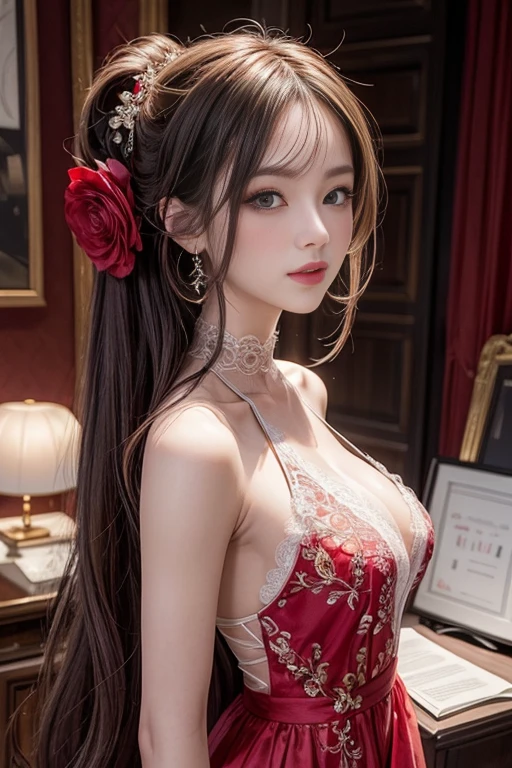 (best quality, high resolution, Practical:1.2), Dramatic Lighting, Oil, Delicate skin texture, Flowing long hair, Elegant Posture, Vibrant colors, Fine brushwork, image, Practical makeup, Strong gaze, Beautiful, Complex background, Professional Illustrations、((Lace fabric1.5)))、Medium Breasts 1.5、Sheer Dress 1.4、Tie your hair up,Upper body photo、Close-up photo