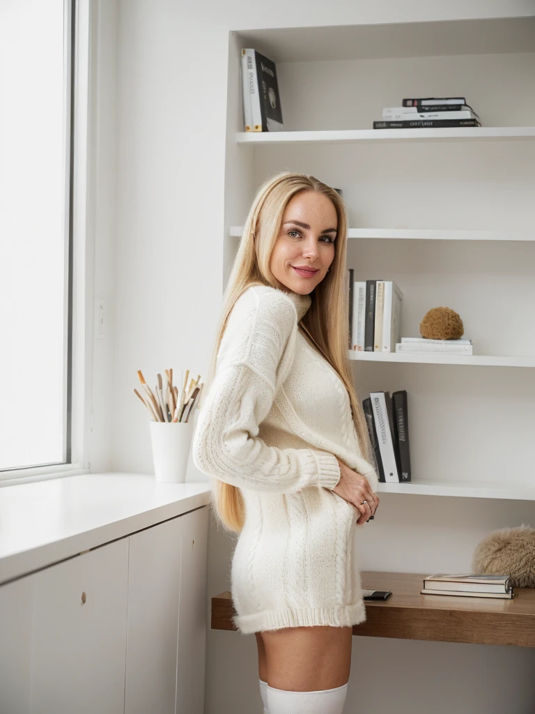 1 girl, (((Gretchen Barretto))), photorealistic photo of Gretchen Barretto, photo of a Swedish woman, cleavage, (((full lips and wide forehead))), middle age, (((Blonde long straight hair))), (((50-year-old woman))), body of 45-year-old woman, (((wrinkles on her face and body))), (((she is dressed in a tight fluffy woolen sweater, tight miniskirt, white knee high socks,))), (((dynamic pose))), she is looking at the camera smiling, (((she seductively stands in her modern study room, surrounded by sleek, minimalist furniture. The room is bathed in natural light streaming through large windows, emphasizing the clean lines and neutral tones of the decor. A spacious desk occupies one corner, clutter-free except for a laptop and a few carefully arranged books. The walls are adorned with abstract artwork or shelves displaying a collection of thoughtfully chosen items. The atmosphere is serene, fostering concentration and creativity, making it an ideal space for focused work or peaceful contemplation))), she is looking at the camera smiling, (((butt out)))