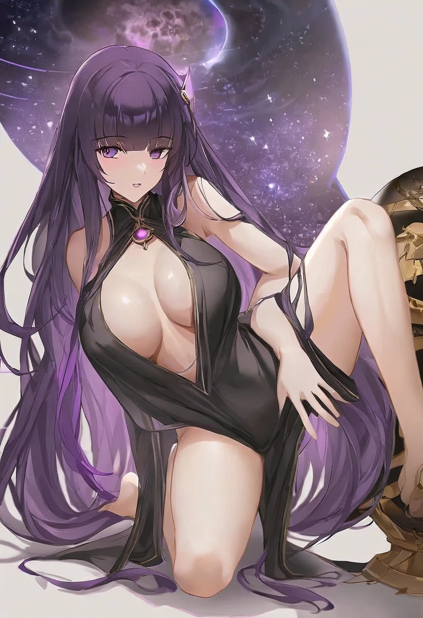 Athena，Extra long purple hair，Purple Eyes，Adult women，Measurements: B100W66H，Black one-piece dress，There are small purple and gold decorations，The long jumpsuit is very sexy，barefoot，A black hole in the background universe，Purple black hole