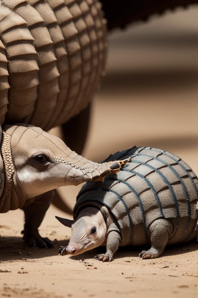 An armadillo praying not to be bitten by a dog