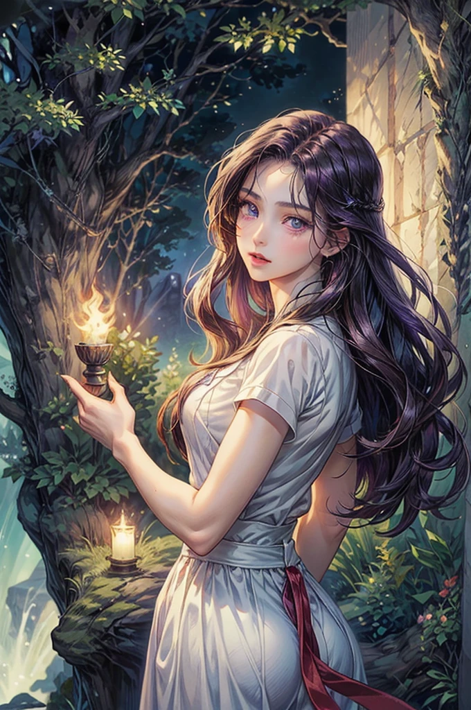 best quality,masterpiece,extremely detailed,beautiful detailed eyes,beautiful detailed lips,extremely detailed eyes and face,long eyelashes,beautiful young girl,dark purple hair,purple eyes,perfect proportions,anime character from sailor moon,anime girl version,hiro mashima art,detailed ghibli town background,detailed ghibli scenery background