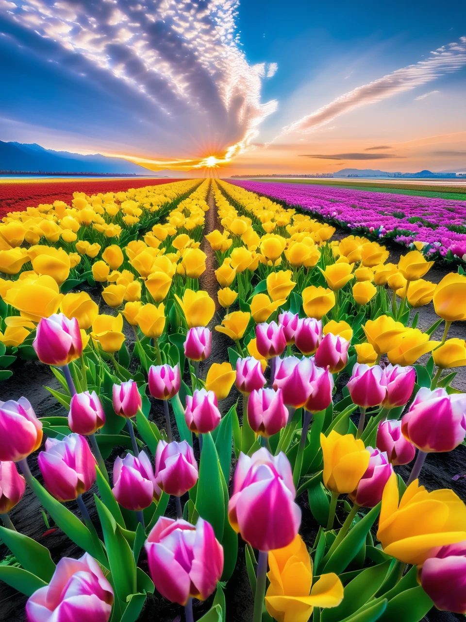 Tulips in the summer,The blue and yellow flowers are more vivid under the sunlight.,A huge heart-shaped cloud in the sky provided the perfect backdrop for the sea of flowers。The scene is a tulip field,The flowers appear blue and yellow under the sunlight,The heart-shaped clouds add a touch of fantasy to the sky。The picture conveys a bright、Dreamy and joyful mood,The colors of the tulips and the romance of the heart-shaped clouds complement each other。Authentic photography style,Using the Canon EOS R6 camera,With 16-35mm f//2.8 lenses,Use a wide-angle lens to capture the panoramic view of the sea of flowers,Set Aperture Priority Mode,Aperture f/11,ISO 100,Shutter speed adjusted according to light,Record the beauty of the tulip sea