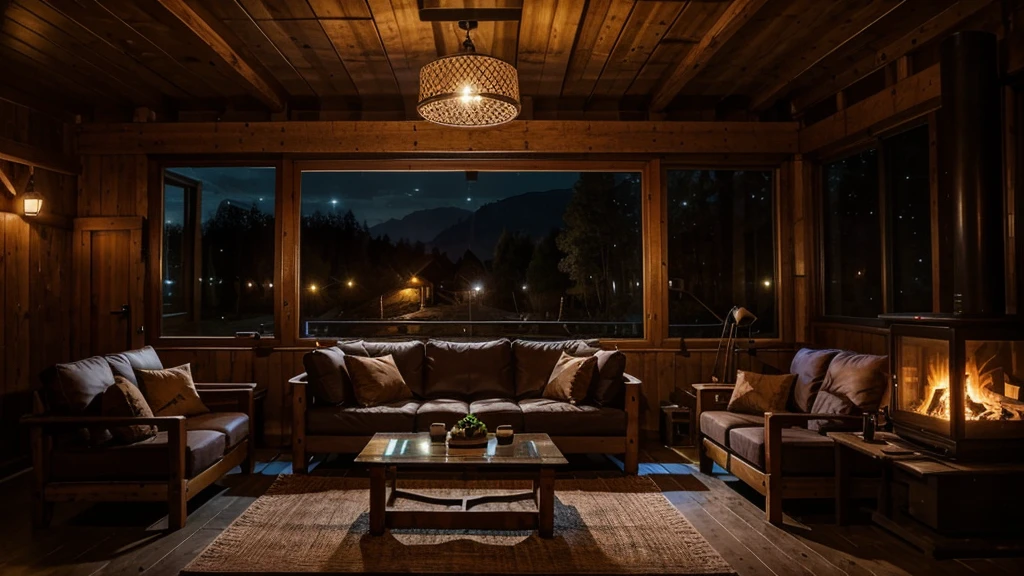 generate a rural area night view from wooden house glass wall windows of scenery. Inside the house there's a wooden tables and cozy sofa, there's also a stove with firewood lighted inside the house