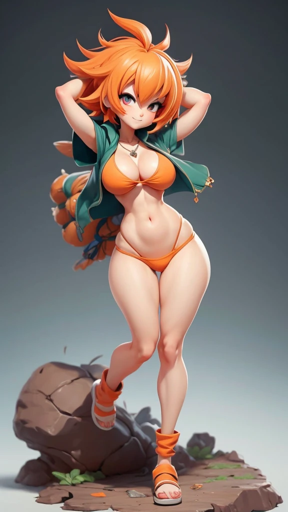 Blind box toy styles, Anime girl with orange hair and silver bikini armor, Green Eyes, Red Cliff, solution, Kawaii, Tempting anime, beautiful, whole body, short hair, Smile, Pendant necklace, Hair accessories, ecchi anime style, Anime cute art style, (Main Part), (best quality:1.4),Very slim figure:1.3),Huge breasts:1.4 Huge breasts:1.4,full, Firm breasts,Showing cleavage,Nipple protrusion,Belly button full breasts, Large Breasts, Slender sexy legs, Put your hands behind your head((Clear nipples))、Rocket , (Large Breasts),(because I'Thin)