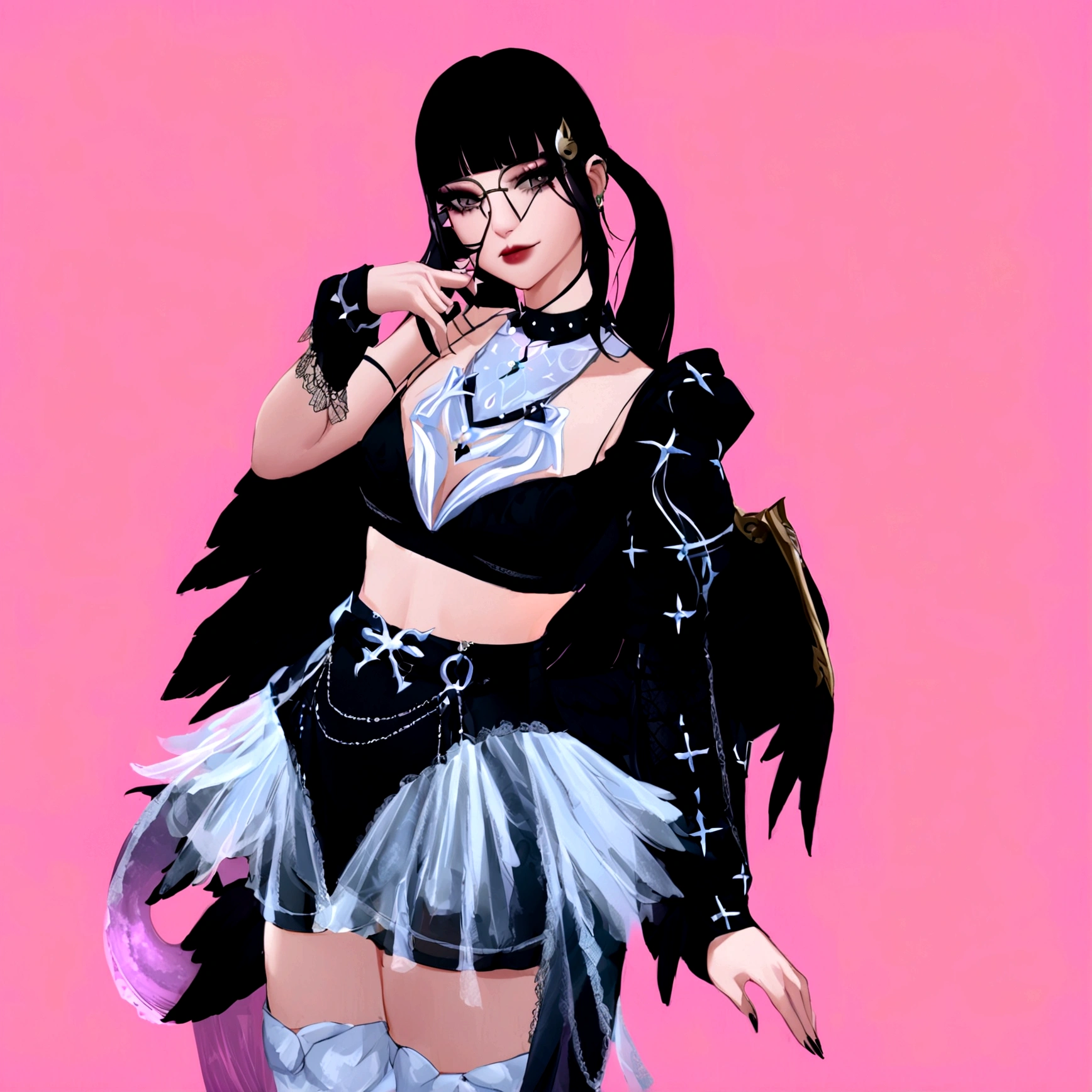 arafed image of a woman in a black outfit  imvu, as a mystical valkyrie, villainess has black angel wings, second life avatar, inspired by Sim Sa-jeong, upper body avatar, goth girl aesthetic, she has black hair with bangs, portrait of jossi of blackpink