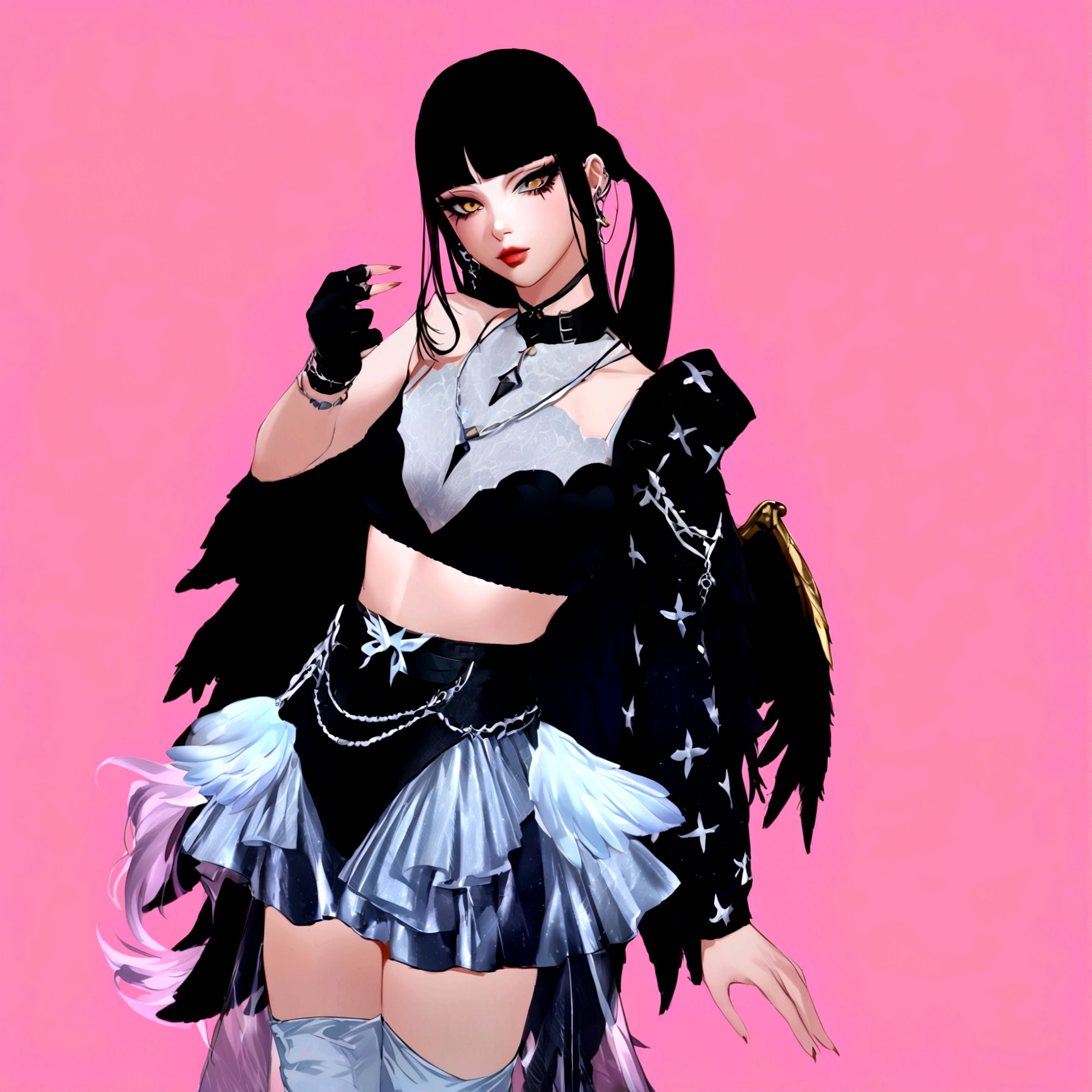 arafed image of a woman in a black outfit imvu, as a mystical valkyrie, villainess has black angel wings, second life avatar, inspired by Sim Sa-jeong, upper body avatar, goth girl aesthetic, she has black hair with bangs, portrait of jossi of blackpink