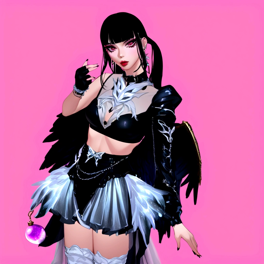 arafed image of a woman in a black outfit imvu, as a mystical valkyrie, villainess has black angel wings, second life avatar, inspired by Sim Sa-jeong, upper body avatar, goth girl aesthetic, she has black hair with bangs, portrait of jossi of blackpink