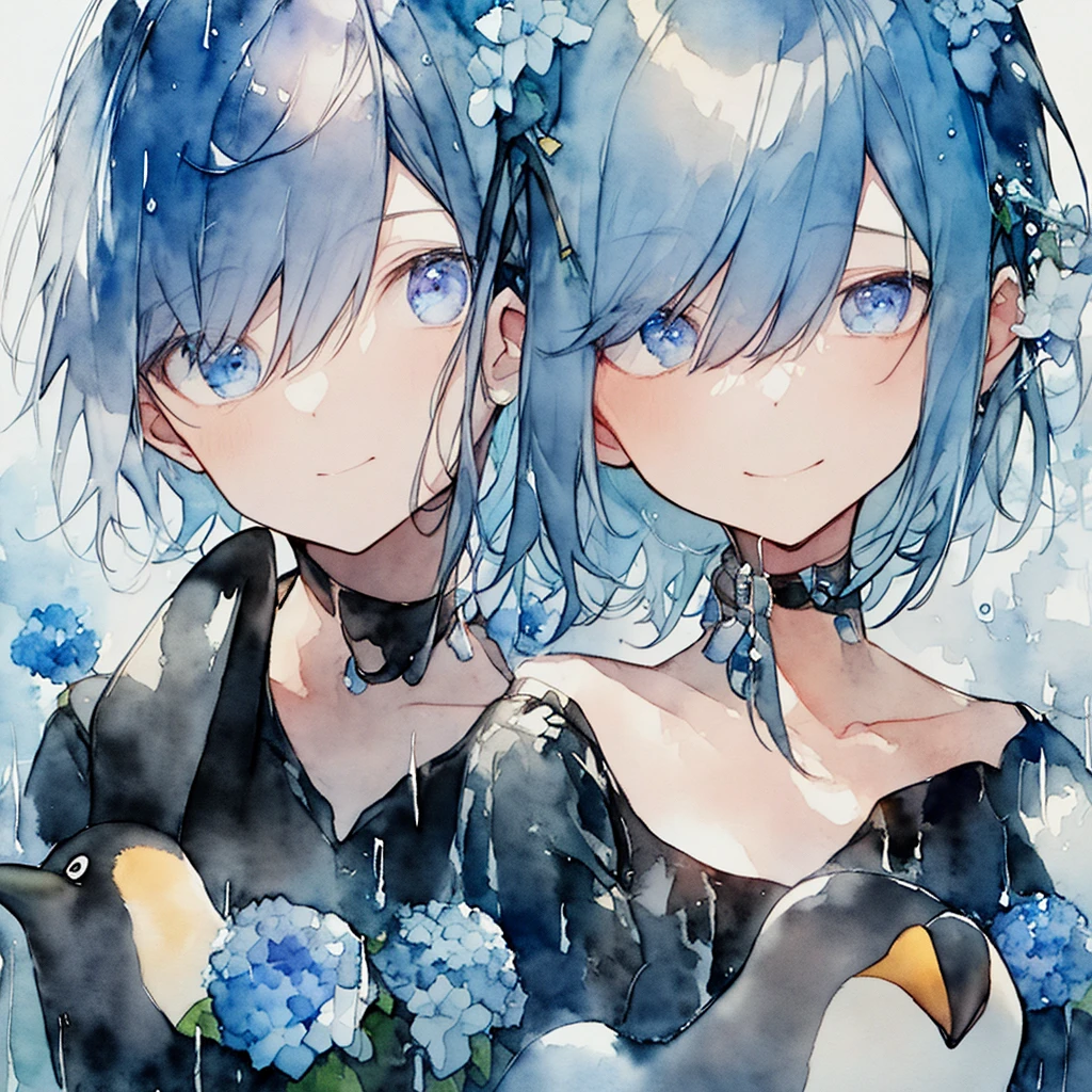 (watercolor: 1.2), people, Face, eye, Bell, Short bob hairstyle, Blue Hair、whole body、whole body、一peopleの女の子、penguin、hydrangea、Choker on neck、blacktshirt、rain、青いブルーBellの花, blue flower, anger, hatred, Self-centeredness
