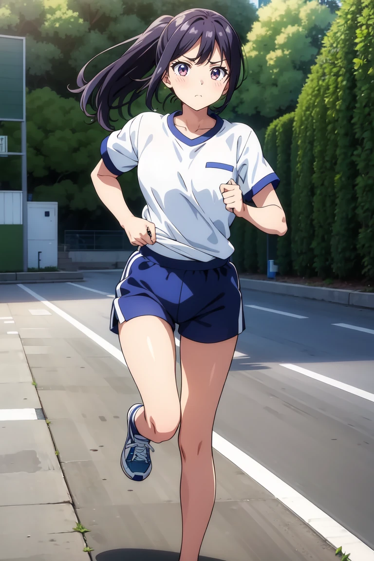 1人のgirlと、A male teacher is running,surely、girlと男性を1人ずつ登場させてください,gym shirts,Highest quality,1990s anime style,White shirt and blue bloomers,Angry expression,barefoot,girl,体操服とブルマを着たbarefootの女子たちの集団が、I run desperately through the schoolyard.,girlたちは素足です,girlたちは汗をかきながら、Running with a tired look,