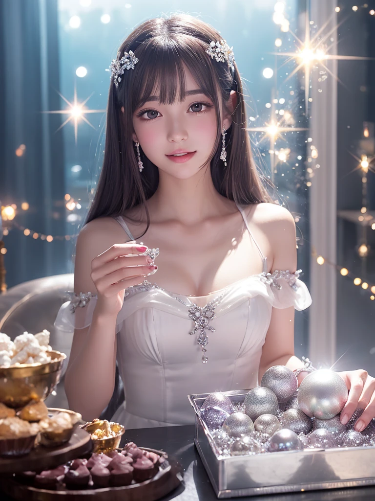 A young woman in euphoria biting into a shimmering silver pearl-like sweets, transparent gem-like box in the background, cascading light, anime illust