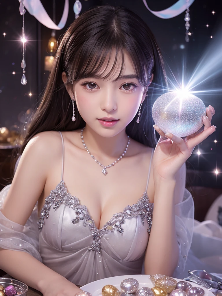A young woman in euphoria biting into a shimmering silver pearl-like sweets, transparent gem-like box in the background, cascading light, anime illust