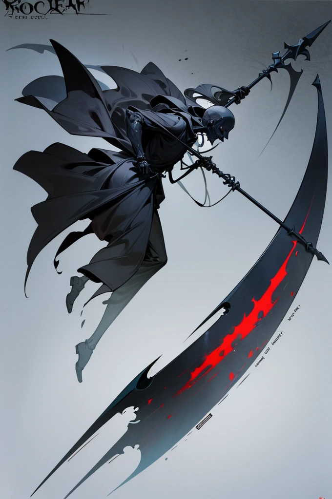 A painting of a man holding a sickle and a scythe, Scythe design, the Angel of Death, Angel of Death, Full body concept, Spooky and gloomy art style, Detailed but rough, Pure black body, detailed Full body concept, Grim Reaper Illustration, Demon Soul concept art, skeleton with extra fleshy bits, dark souls concept