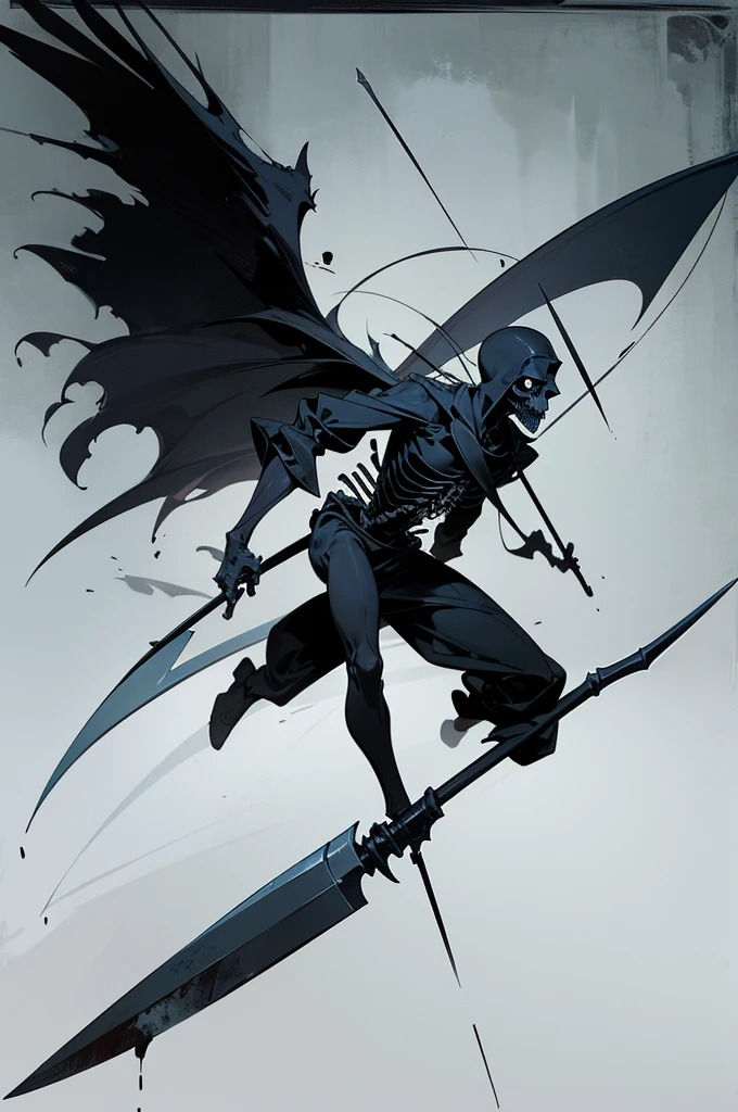 A painting of a man holding a sickle and a scythe, Scythe design, the Angel of Death, Angel of Death, Full body concept, Spooky and gloomy art style, Detailed but rough, Pure black body, detailed Full body concept, Grim Reaper Illustration, Demon Soul concept art, skeleton with extra fleshy bits, dark souls concept