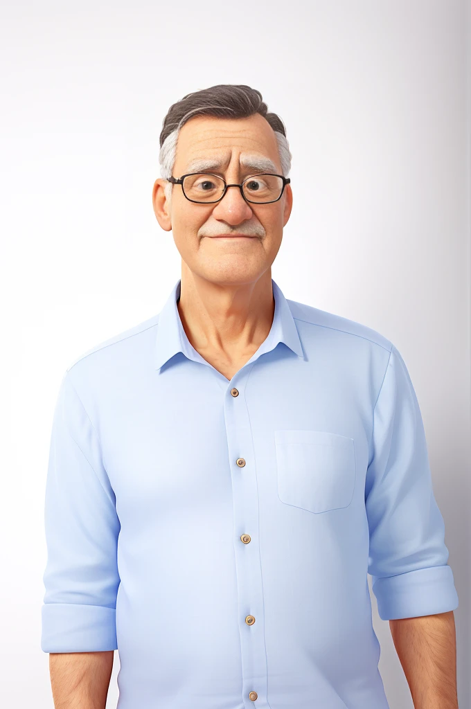 A wise old man standing in front, illuminated by the light of a lamp, against a white backdrop