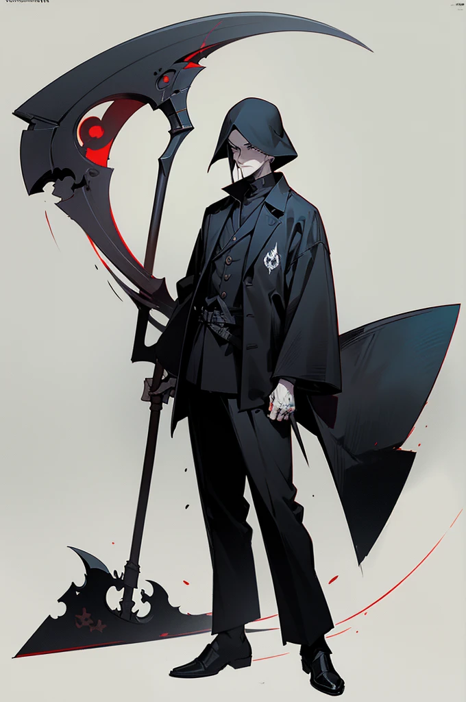 A painting of a man holding a sickle and a scythe, Line drawings inspired by Ryuji Kawabata, Art Station, Empty heart, Scythe design, the Angel of Death, Angel of Death, Full body concept, Spooky and gloomy art style, Detailed but rough, Pure black body, detailed Full body concept, Grim Reaper Illustration