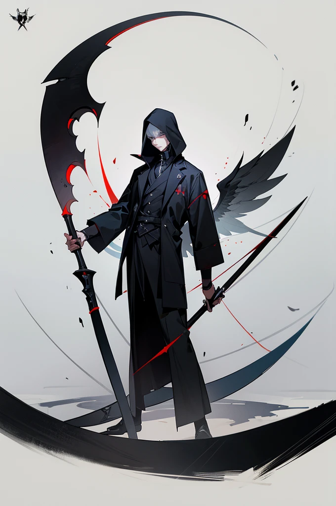 A painting of a man holding a sickle and a scythe, Line drawings inspired by Ryuji Kawabata, Art Station, Empty heart, Scythe design, the Angel of Death, Angel of Death, Full body concept, Spooky and gloomy art style, Detailed but rough, Pure black body, detailed Full body concept, Grim Reaper Illustration