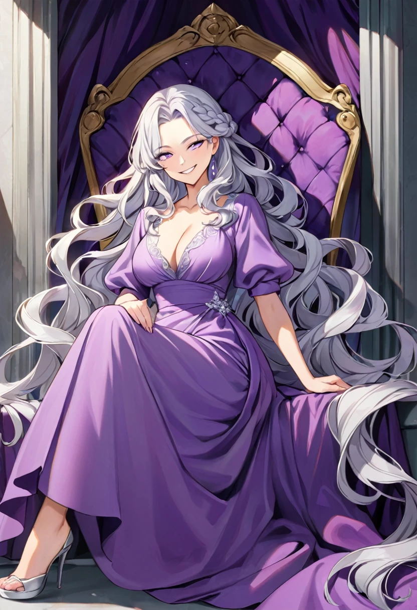 silver hair, long silver hair, wavy hair, soft purple eyes, female, large bust, long dress, lilac dress, modest dress, v neck, floor length dress, braided hair, perfect body, one person, adult, high quality, sitting, on throne, light purple eyes, all-knowing, grinning, smirk, a little devillish