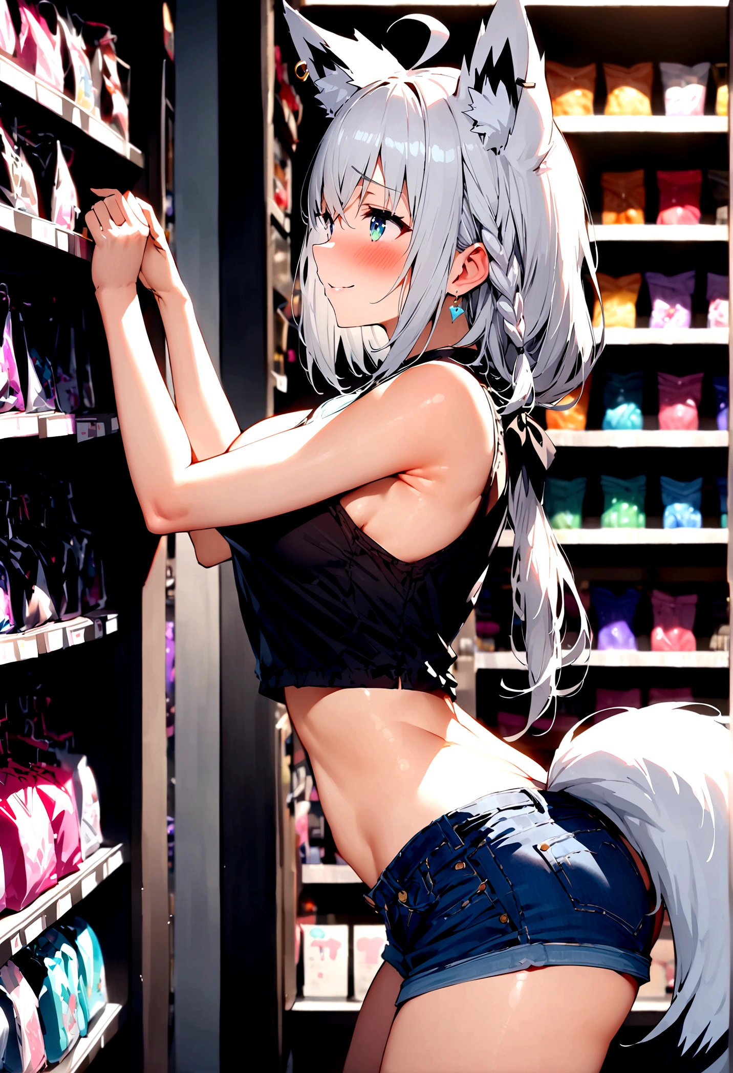 NSFW,masterpiece,Highest quality,High resolution,Super detailed,Shirakami Fubuki\(Hololive\),Gray Hair、One-sided braid、Ahoge、Earrings,Fox ears,Fox tail,Crop top shirt,Sleeveless,Low-rise denim shorts,Embarrassed,blush,Expecting face,Bewitching Smile,(Adult Shop),(Underwear section),(Naughty shop),Cute pose,Date,(Seduce),(Middle-aged men),(Having sex),From the side