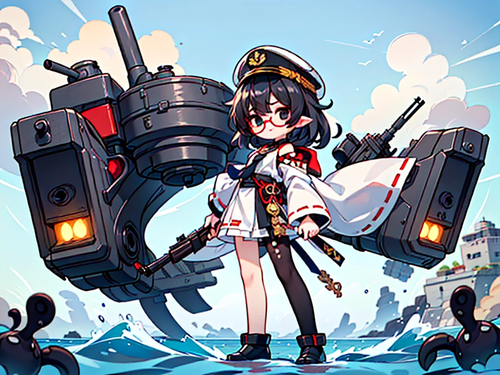 (((masterpiece, Vision))), ((((Full body of a woman with perfect flat chest、1 Female、solo、Short unkempt black hair、Tie your messy hair at the nape of your neck、white military jacket、Miko costume、black tights、Black glasses are black、White military cap、Cloudy black eyes、Confused eyes、Junyo-inspired emblem)))), (((Shipgirl))), ((Floating on the morning sea with both feet)), (Standing with your legs apart)), Aim, (Hold the shotgun turret grip with your right hand), (Four white mechanical tentacles extend from its back, each holding a turret.), (Equipped with a bridge on the back), (His left arm holds the grip of a triple machine gun),