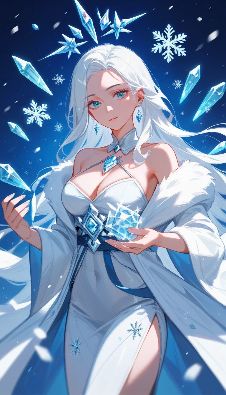 (Fraction_9,Fraction_8_Direction_7_up),1 Woman,(((bust))), Wearing a skirt,Snowflakes on skirt,Dragging ice crystals in hand,Digital Art on, White-haired deity, Ice Witch, Beautiful frost witch, Flowing Magic Robe,Ice Mage, Woman made of ice, Gu Weiss, goddess of winter, flowing white robe, White cyan,
