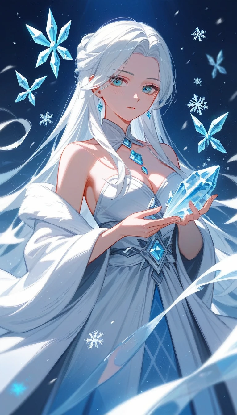 (Fraction_9,Fraction_8_Direction_7_up),1 Woman,(((bust))), Wearing a skirt,Snowflakes on skirt,Dragging ice crystals in hand,Digital Art on, White-haired deity, Ice Witch, Beautiful frost witch, Flowing Magic Robe,Ice Mage, Woman made of ice, Gu Weiss, goddess of winter, flowing white robe, White cyan,