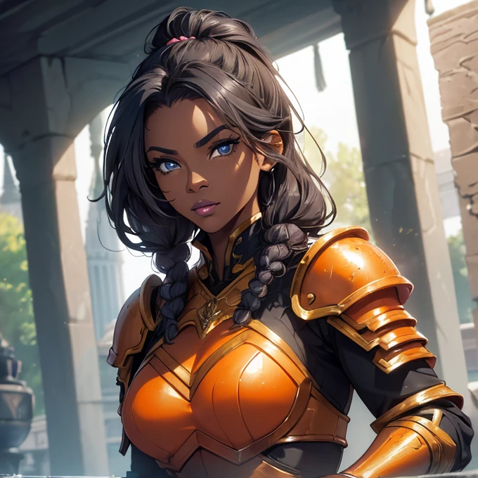 (absurdres, best high quality image, carefuly detailed features and textures, very detailed image, solo character alone, full character view, warcraft-aesthetic): {{(1character: 43 years old black human noble woman milf), ((african black skin), (blue eyes), (grey eyebrows), (beautiful features, absolute beauty), (pink lips), (grey long hair tied in a high ponytail)), ((orange battle armor)), (sweet demeanor), (combat pose with crurved scimitar), (fountain green plaza)}}