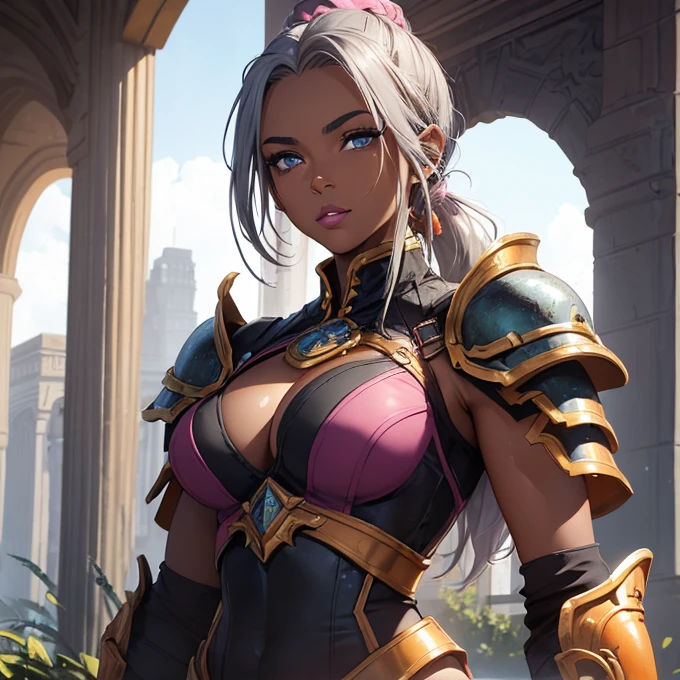 (absurdres, best high quality image, carefuly detailed features and textures, very detailed image, solo character alone, full character view, warcraft-aesthetic): {{(1character: 43 years old black human noble woman milf), ((african black skin), (blue eyes), (grey eyebrows), (beautiful features, absolute beauty), (pink lips), (grey long hair tied in a high ponytail)), ((orange battle armor)), (sweet demeanor), (combat pose with crurved scimitar), (fountain green plaza)}}
