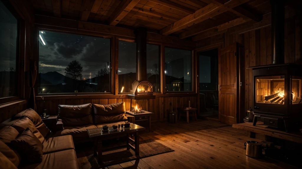 generate a rural area night view from wooden house glass wall of scenery. Inside the house there's a wooden tables and cozy sofa, there's also a stove with firewood lighted inside the house