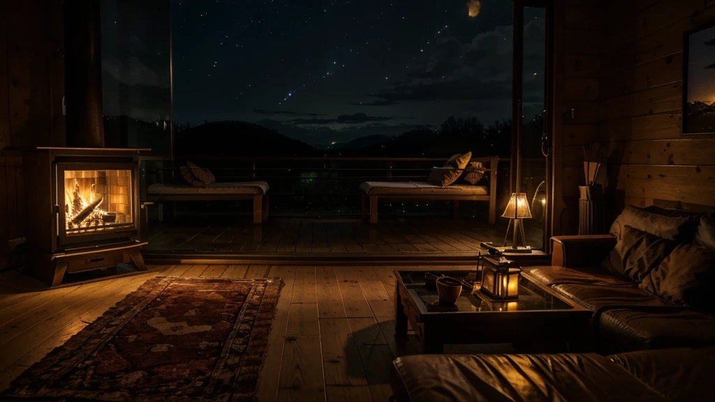 generate a rural area night view from wooden house glass wall of scenery. Inside the house there's a wooden tables and cozy sofa, there's also a stove with firewood lighted inside the house