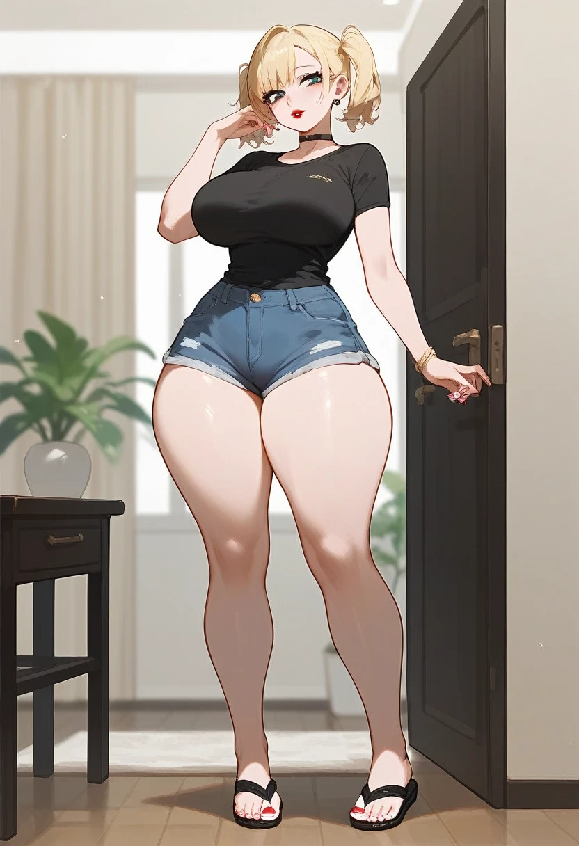 5’2 height, pale Blonde woman, short blonde hair, short twintails, lipstick, pale skin, wearing a tight blCk T shirt, tight short sleeve, jean shorts, black flip flops, very large breasts, busty, wide hips, thick thighs, large thighs, small dainty feet, white nail polish, standing, 5 toes on each foot, full body showing, entire legs and feet showing in a room, anime
