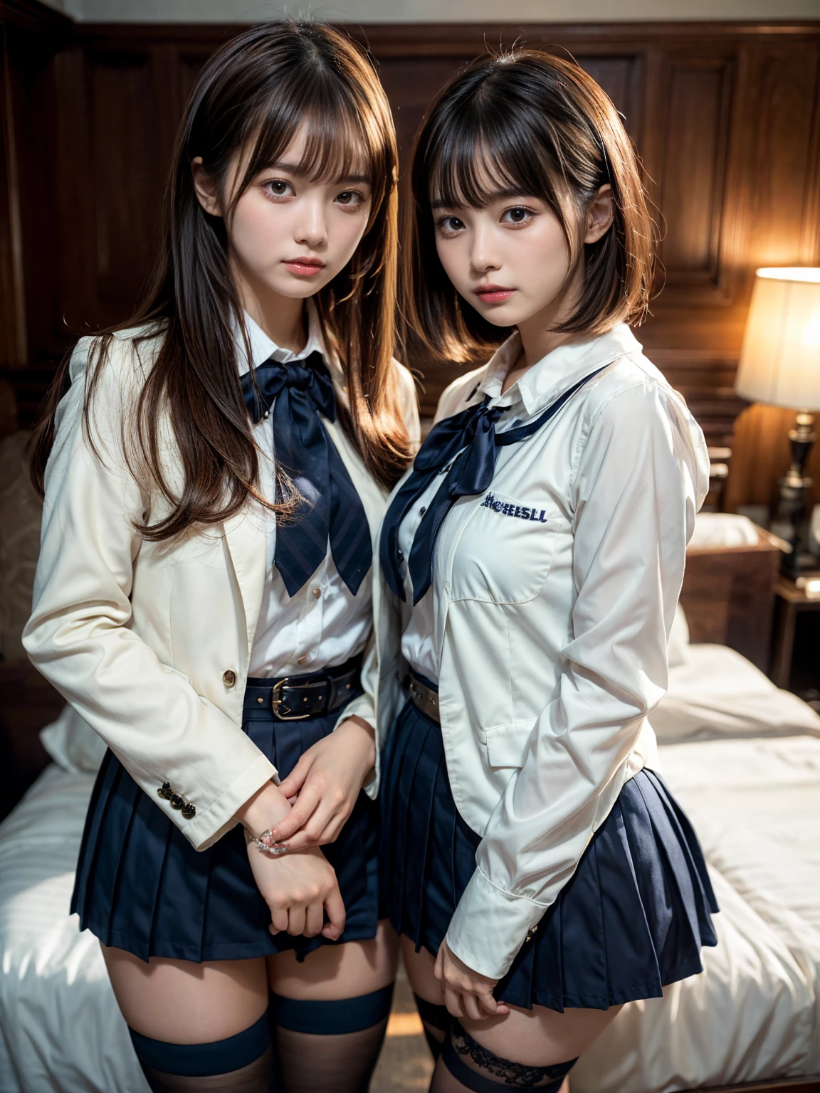 (8K, Raw photography, top-quality, masterpiece:1.2), muster piece, best quality, illustration, Super detailed, fine details, High resolution, 8K,wall paper, perfect dynamic composition,(Details High quality, realistic depiction of eyes:1.3), ((2 girls, 2 schoolgirls)), The background is a luxury hotel room、High school girl uniform、blazer 、Super Short Check Uniform Skirt、Navy blue high socks、garterbelts、Colossal tits、Disturbed uniform, Play with each other,Touching each other's bodies,Touching the body of the girl next door, short bob hair, black hair color, huge breasts, Big Natural Color Lip, bold sexy pose, (perfect body shape), crying a little、cold gaze, Harajuku style、Beautiful makeup,glitter makeup,Cutest 18 years old、 beautiful legs, hposing Gravure Idol, Voluptuous thighs