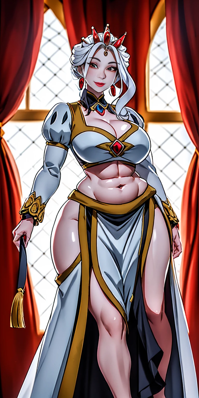 1 full length girl standing, good ass, maid of honor, Hairstyle with a white braid, white hair, blind, perfect lighting, muscular, Thighs, mature woman, mummy, belly button, ABS, look at the viewer (Masterpiece, high quality: 1.1) SMILE, extremely huge breasts, maternal, Porcelain skin, extra long hair, shiny skin, good face, oni horns