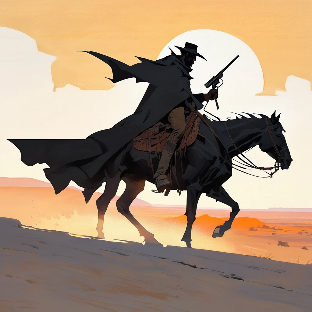 1man,Old West, Desert, scorching sun, silhouette, gloomy, black clothes, gunslinger, horizon, from far, Oil paint, black and white, horse, cape