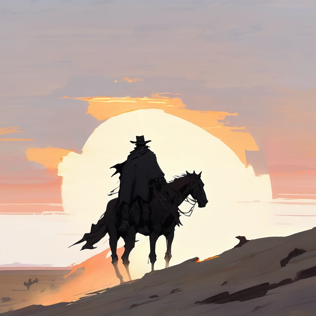 1man,Old West, Desert, scorching sun, silhouette, gloomy, black clothes, gunslinger, horizon, from far, Oil paint, black and white, horse, cape