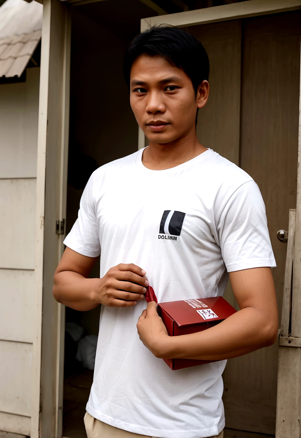 1 Indonesian male courier wearing a white t-shirt with doui written on it is delivering a package with DOUI written on it to a beautiful female customer from Indonesia. the atmosphere is rural and they are at the door of the female customer's house.