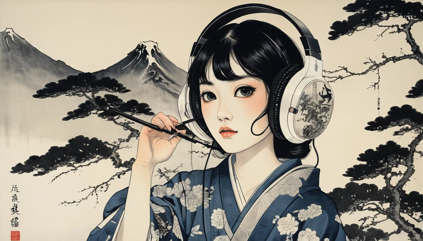 Female Swordsman, Highest quality, Katsushika Hokusai, Ink Painting, (((1 girl))), Japanese style headphones, Skeleton Girl, Black Hair, Delicate and precise, Modern ukiyo-e style, Darkness