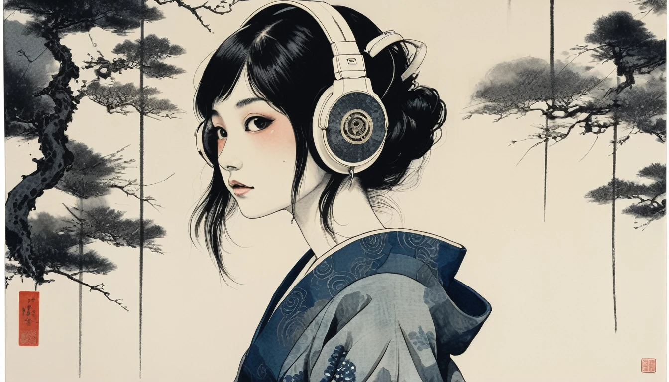 Female Swordsman, Highest quality, Katsushika Hokusai, Ink Painting, (((1 girl))), Japanese style headphones, Skeleton Girl, Black Hair, Delicate and precise, Modern ukiyo-e style, Darkness