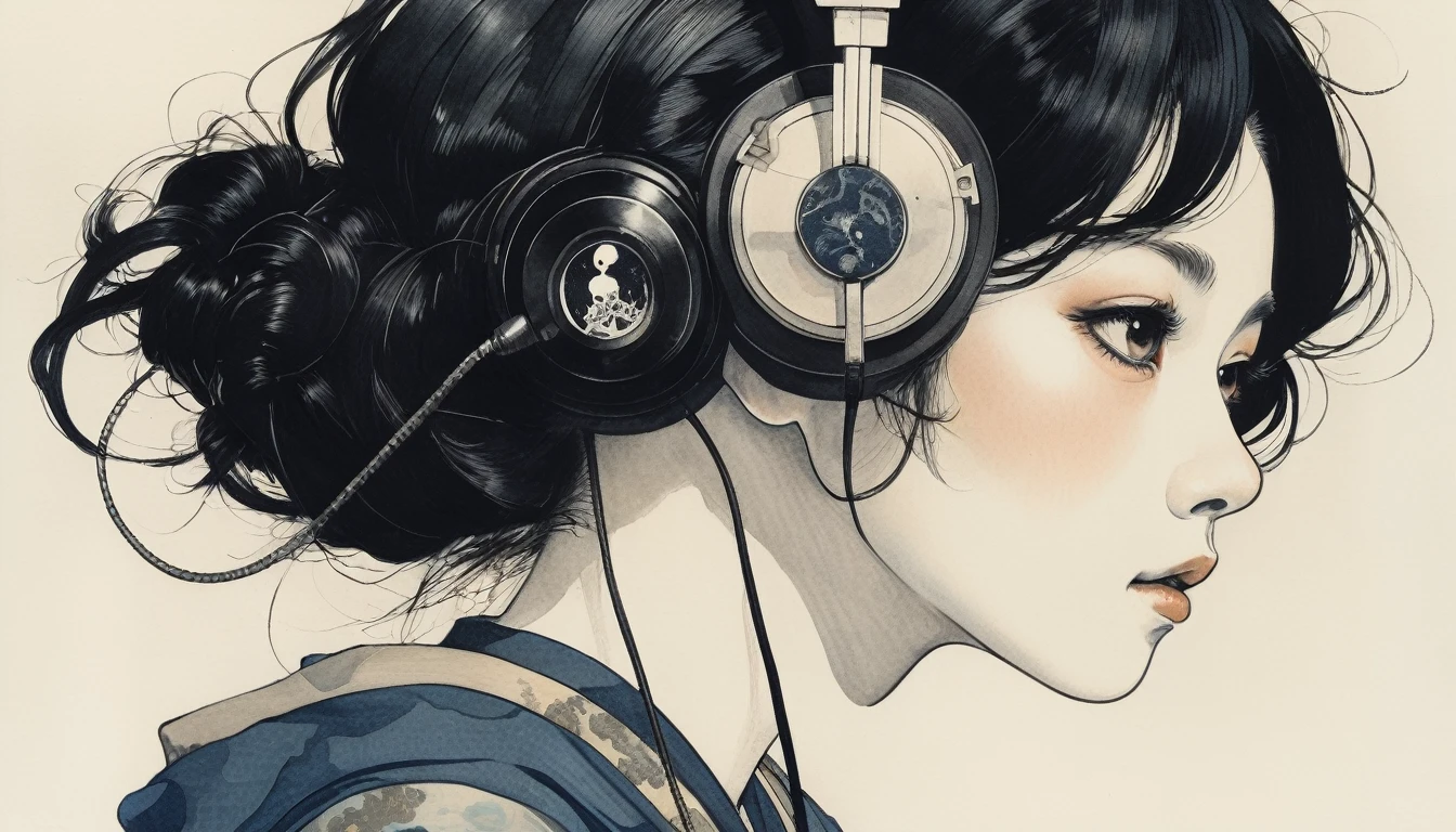 Female Swordsman, Highest quality, Katsushika Hokusai, Ink Painting, (((1 girl))), Japanese style headphones, Skeleton Girl, Black Hair, Delicate and precise, Modern ukiyo-e style, Darkness