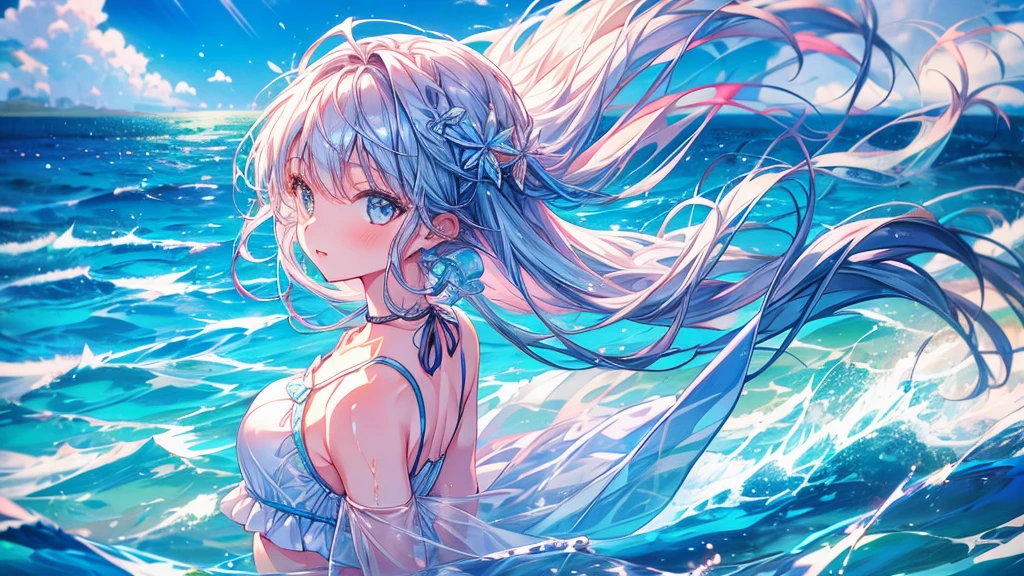 1 Girl, stylish, Swimwear, Wind, Ocean, Shimizu, transparent, chest, bright