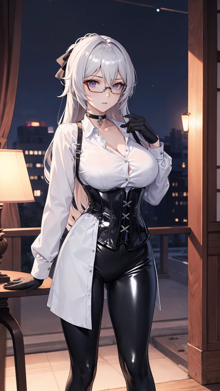 Masterpiece, Beautiful art, professional artist, 8k, detailed body, Very detailed face, very detailed eyes, Detailed clothing, detailed fabric, Best Quality, better resolution, 1 girl, bronya zaychik \(Honkai Impact 3rd\), front view, standing, big breasts, serious expression, At night , long silver hair, glasses, choker:1.6, (white collar button down long sleeve shirt), (shiny black corset), black gloves that cover your hands, (shiny black leggings), looking at the viewer, elegant room, At night