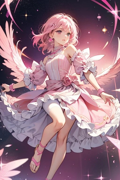 Rose wears a crotch-length light magenta dress with light pink sleeves and the front of the top. The dress has pink and vivid magenta stripes on the front, a pink back that has a pale golden wing design, and a dark magenta wearable band tied around her waist. She also wears a pink mini skirt with two white edges at the bottom of the cloth, white leggings, two pink bracelets around her right wrist, and brown soled pink sandals. SPARKLE; GLITTER